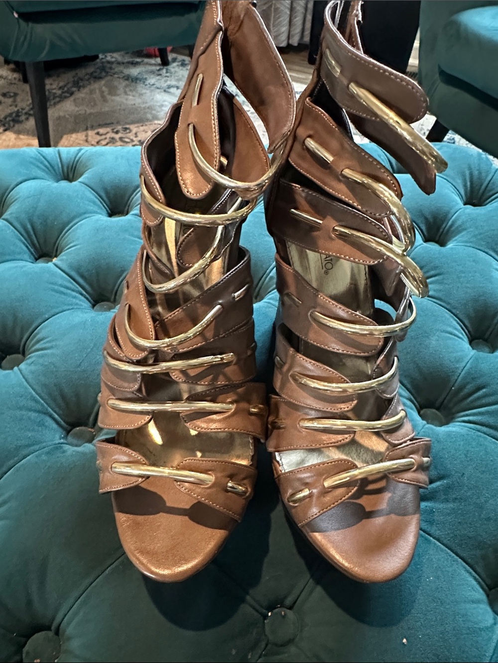 Hot Tomato Brown Gladiator Platform Heels with Gold Accents